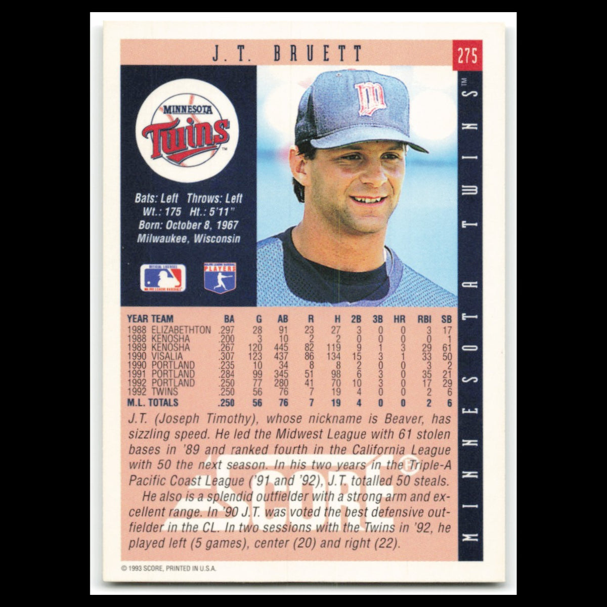 J.T. Bruett Rookie #275 1993 Score Minnesota Twins Baseball Card MLB NM