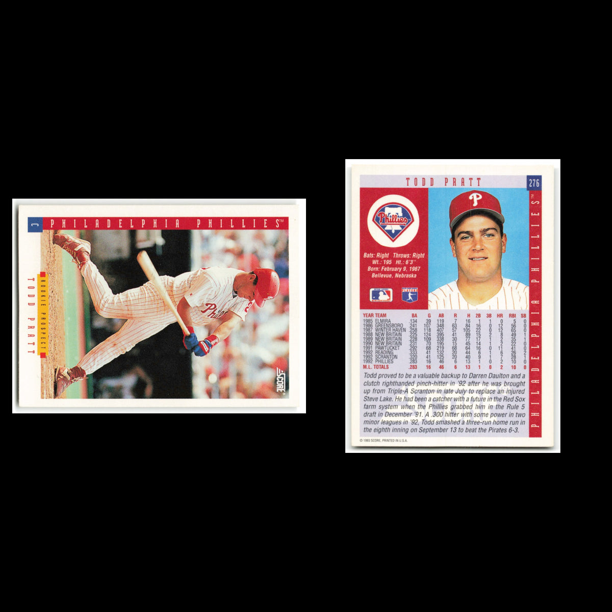 Todd Pratt Rookie #276 1993 Score Philadelphia Phillies Baseball Card MLB NM