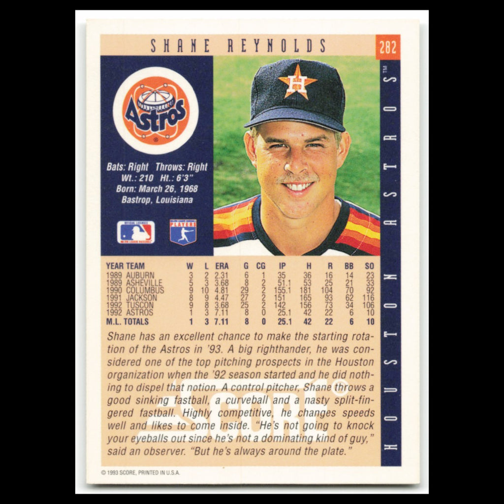 Shane Reynolds Rookie #282 1993 Score Houston Astros Baseball Card MLB NM