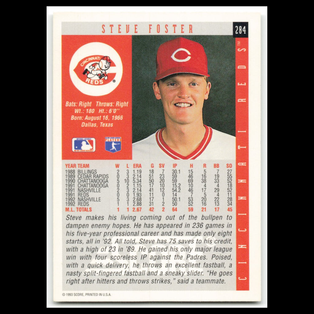 Steve Foster Rookie #284 1993 Score Cincinnati Reds Baseball Card MLB NM