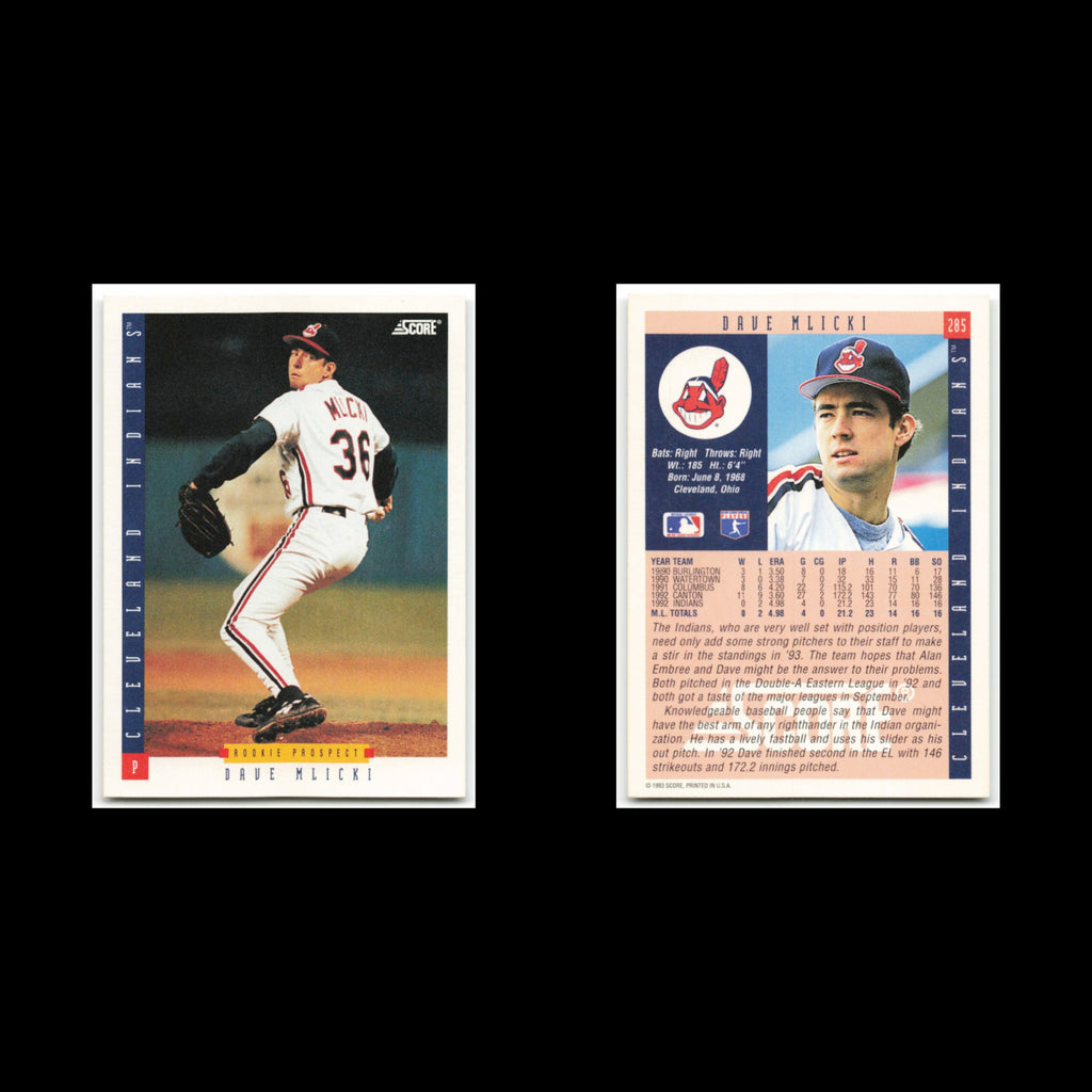 Dave Mlicki Rookie #285 1993 Score Cleveland Indians Baseball Card MLB NM