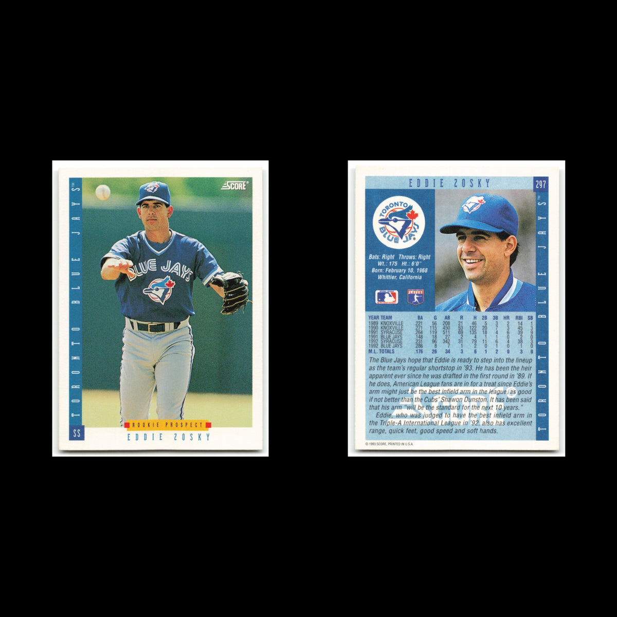 Eddie Zosky Rookie #297 1993 Score Toronto Blue Jays Baseball Card MLB NM