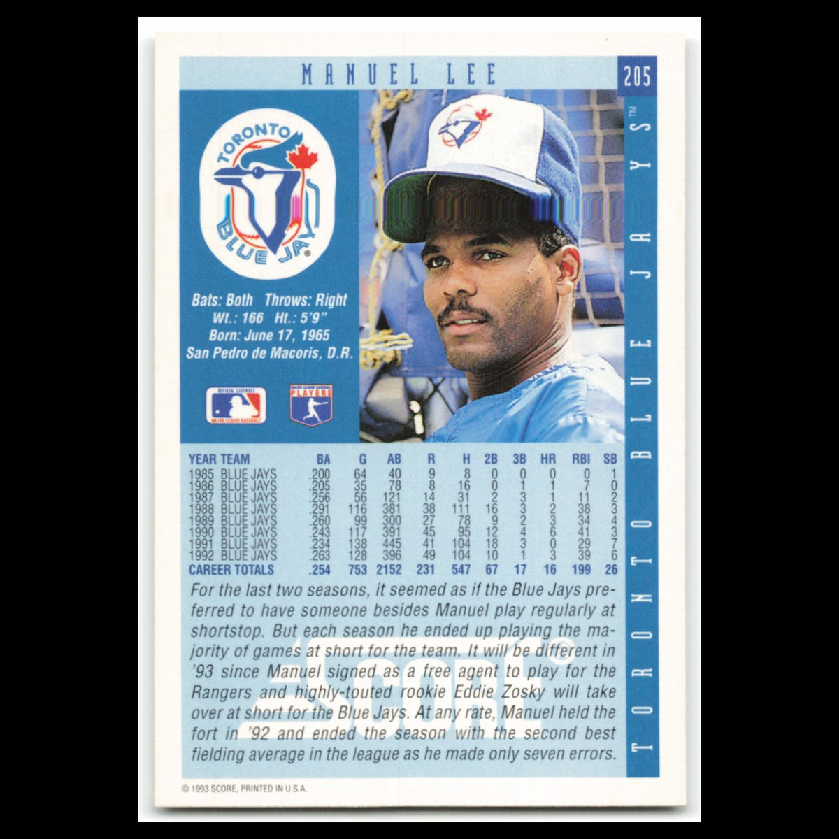 Manuel Lee #205 1993 Score Toronto Blue Jays Baseball Card MLB NM