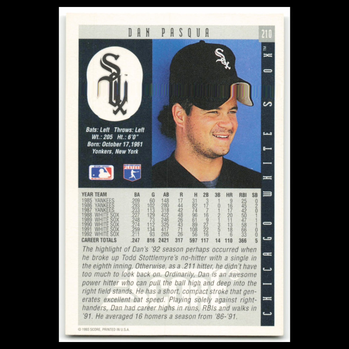 Dan Pasqua #210 1993 Score Chicago White Sox Baseball Card MLB NM