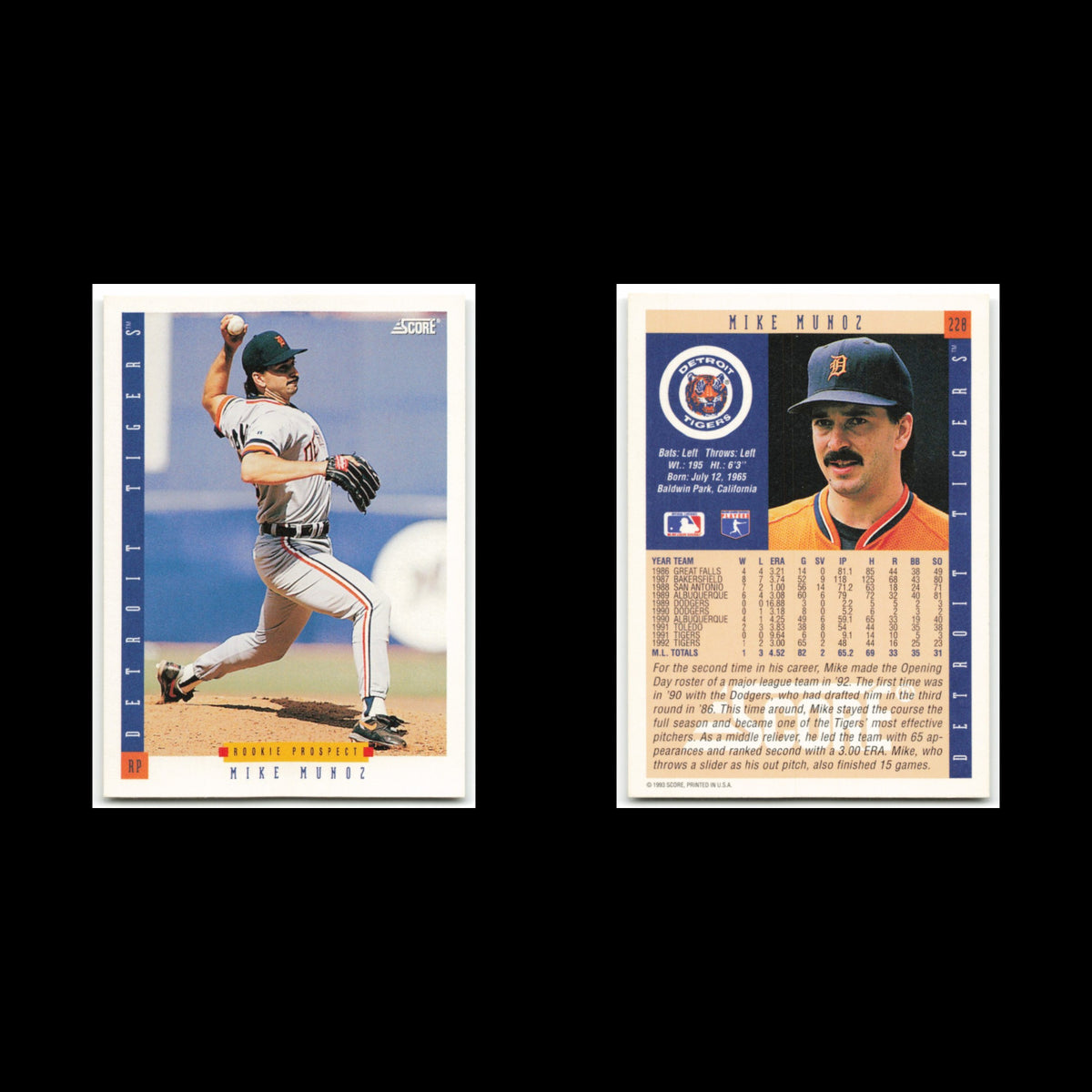 Mike Munoz Rookie #228 1993 Score Detroit Tigers Baseball Card MLB NM
