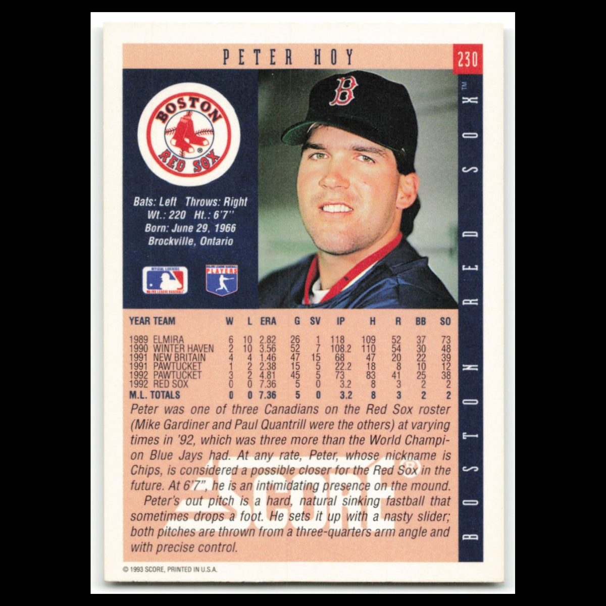 Peter Hoy Rookie #230 1993 Score Boston Red Sox Baseball Card MLB NM