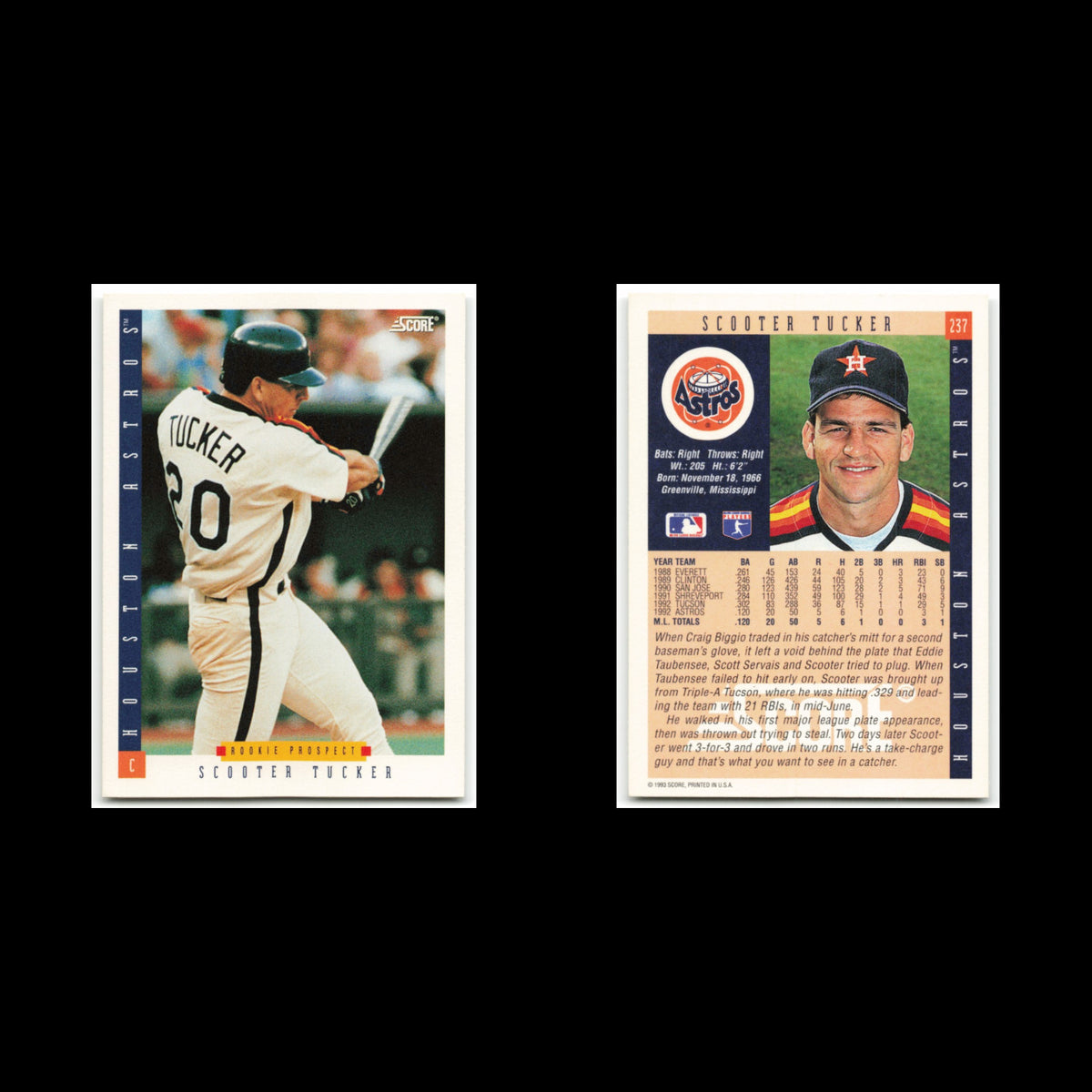 Scooter Tucker Rookie #237 1993 Score Houston Astros Baseball Card MLB NM