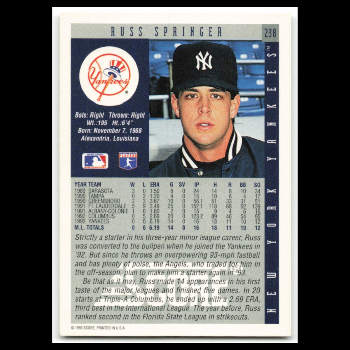 Russ Springer Rookie #238 1993 Score New York Yankees Baseball Card MLB NM