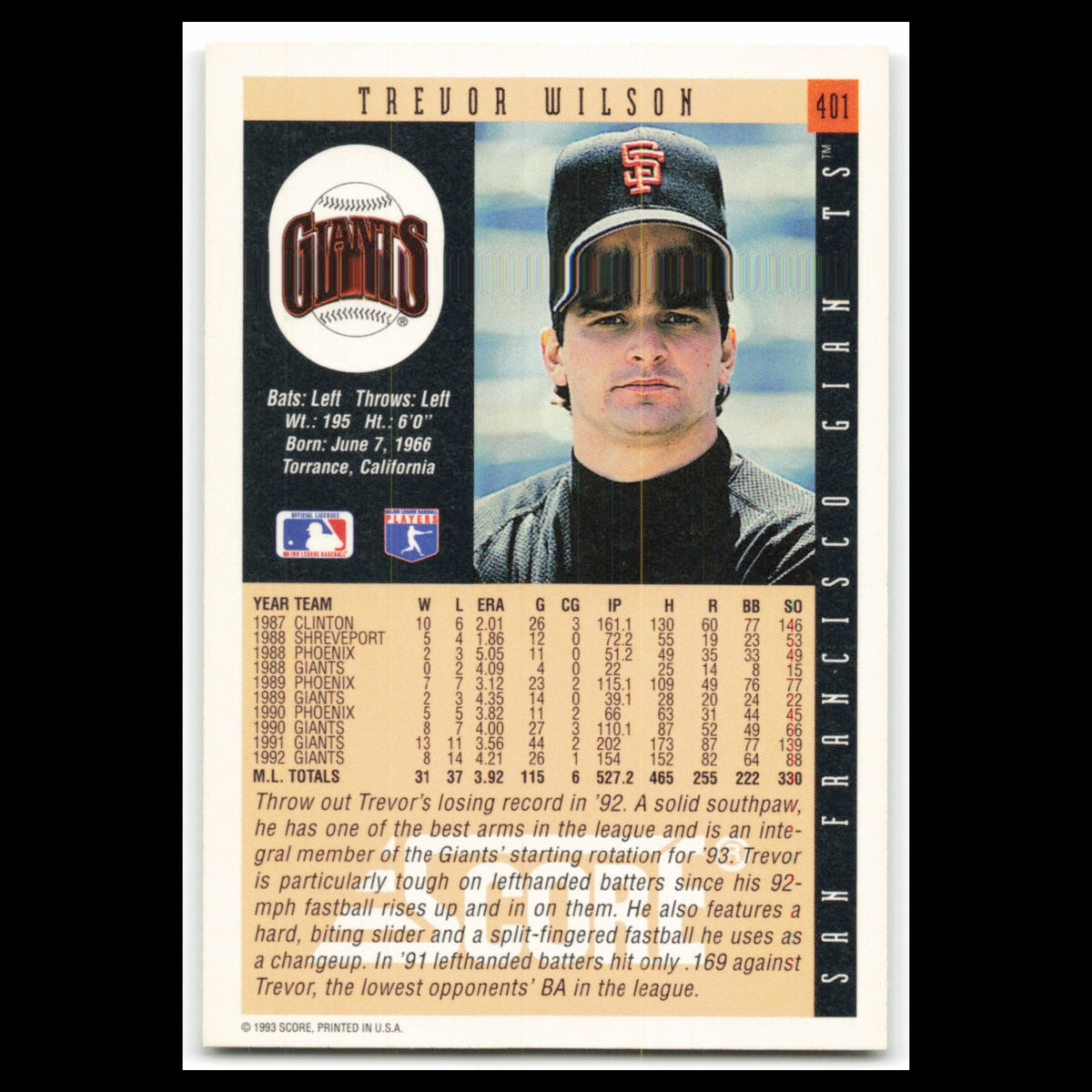 Trevor Wilson #401 1993 Score San Francisco Giants Baseball Card MLB NM