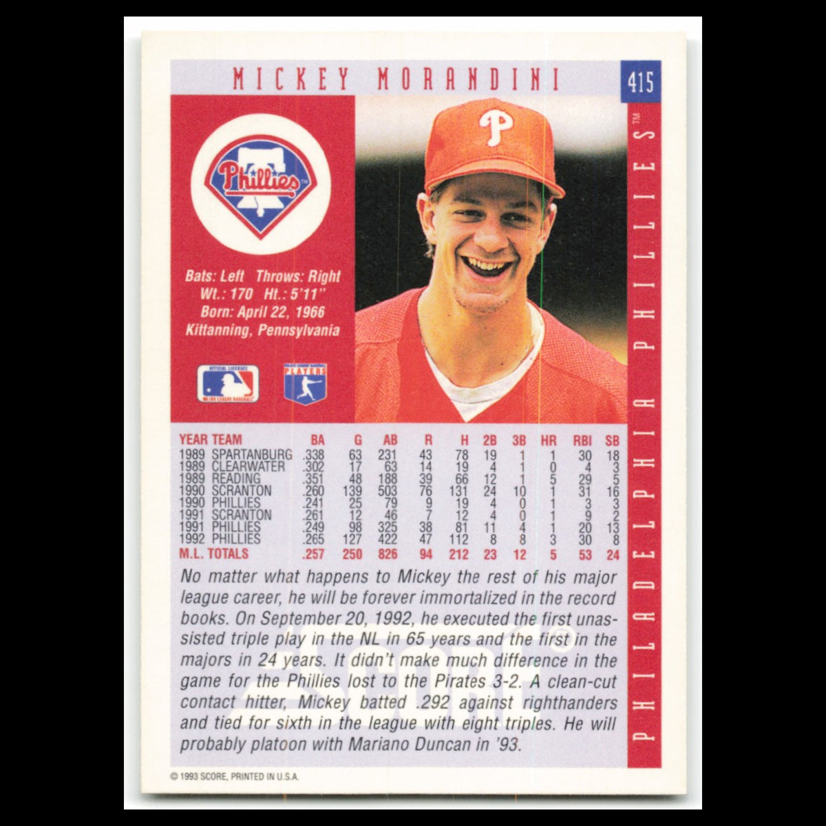 Mickey Morandini #415 1993 Score Philadelphia Phillies Baseball Card MLB NM