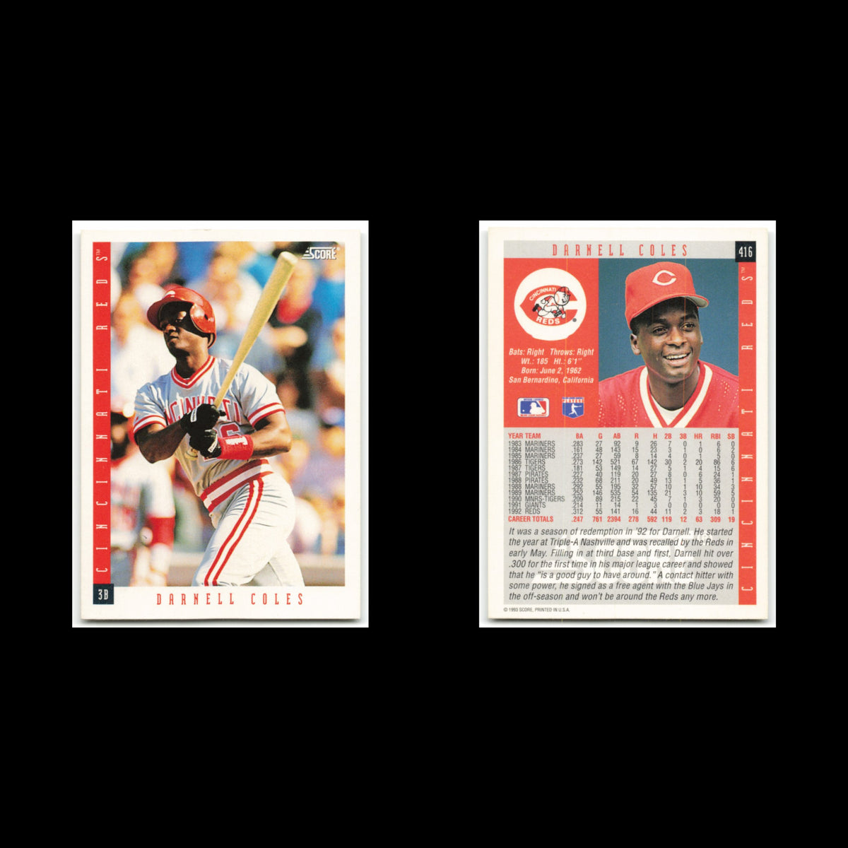 Darnell Coles #416 1993 Score Cincinnati Reds Baseball Card MLB NM