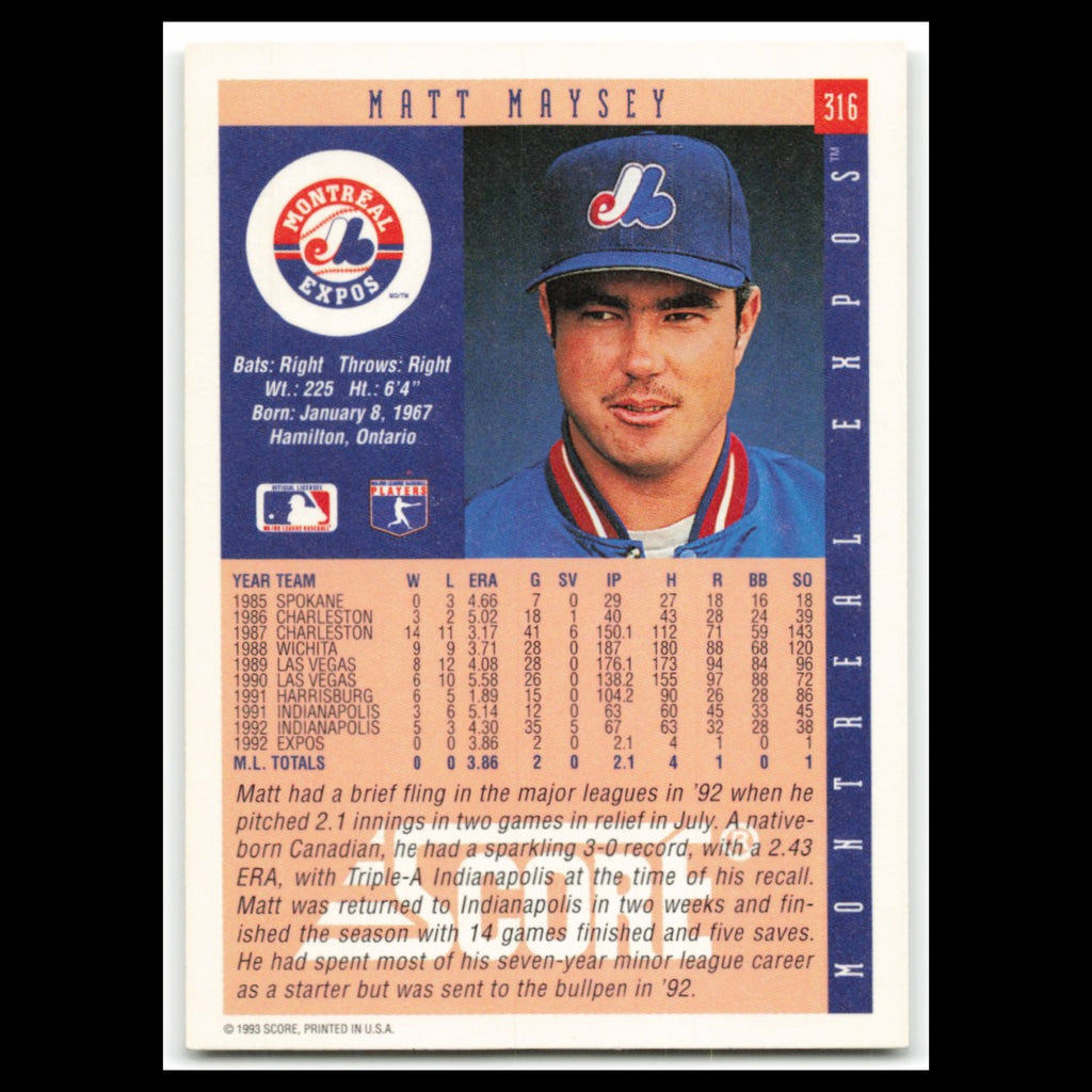Matt Maysey Rookie #316 1993 Score Montreal Expos Baseball Card MLB NM