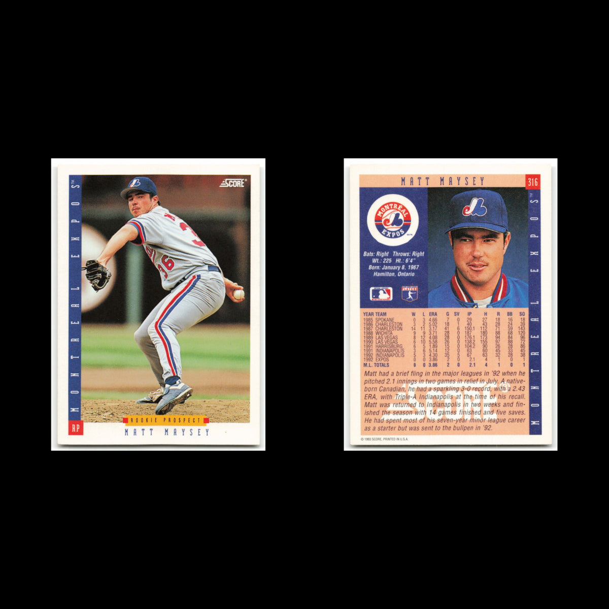 Matt Maysey Rookie #316 1993 Score Montreal Expos Baseball Card MLB NM