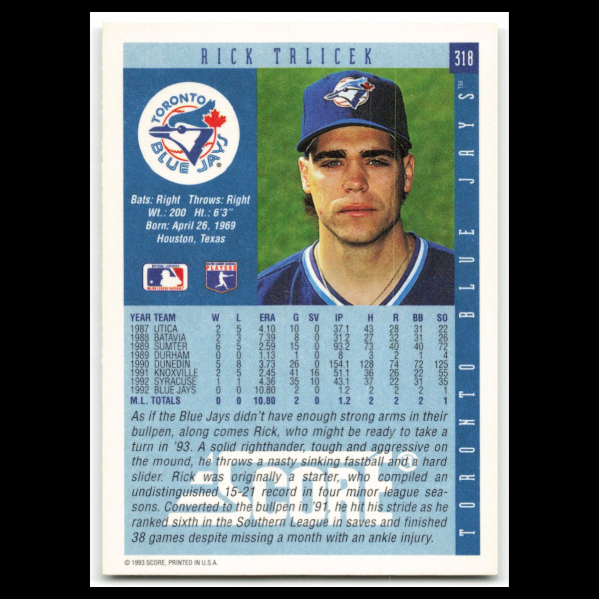 Rick Trlicek Rookie #318 1993 Score Toronto Blue Jays Baseball Card MLB NM