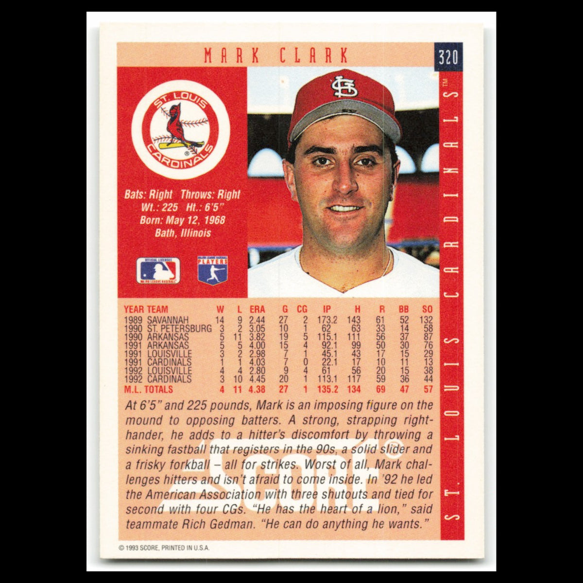 Mark Clark Rookie #320 1993 Score St. Louis Cardinals Baseball Card MLB NM