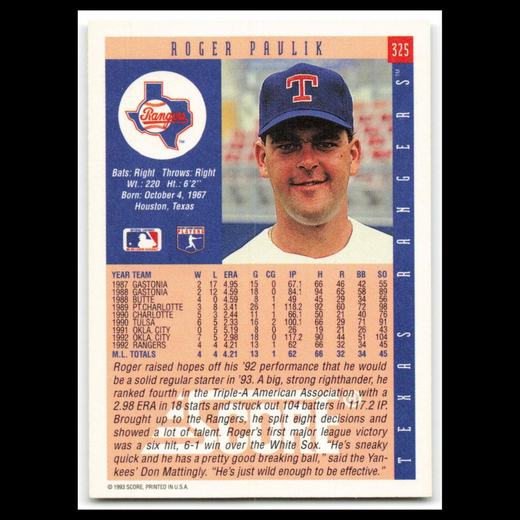 Roger Pavlik Rookie #325 1993 Score Texas Rangers Baseball Card MLB NM