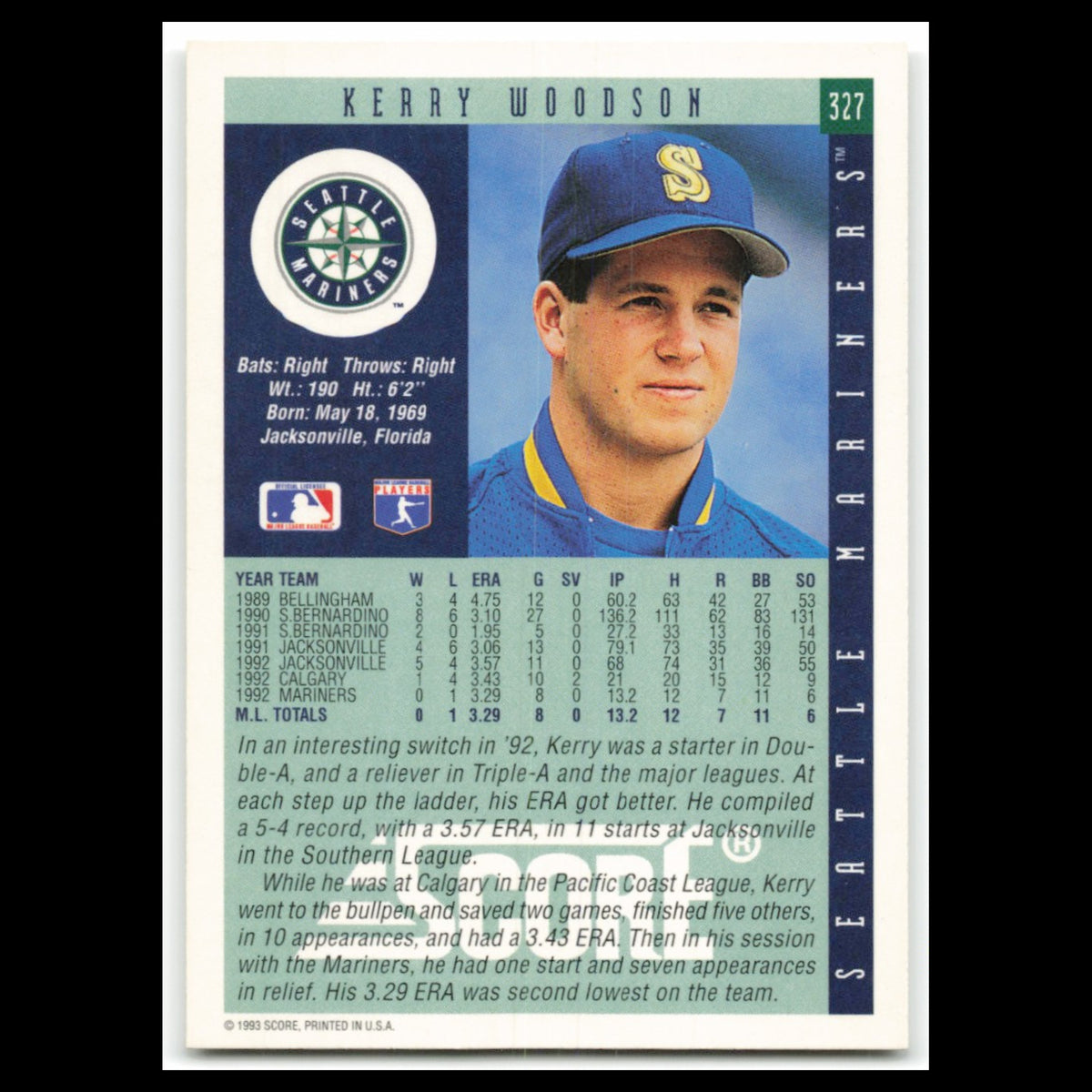 Kerry Woodson Rookie #327 1993 Score Seattle Mariners Baseball Card MLB NM
