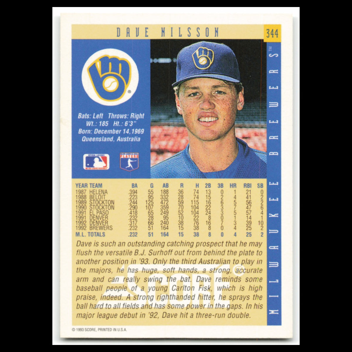 Dave Nilsson Rookie #344 1993 Score Milwaukee Brewers Baseball Card MLB NM