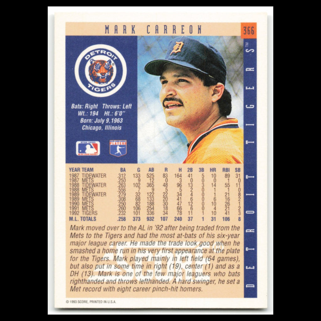 Mark Carreon #366 1993 Score Detroit Tigers Baseball Card MLB NM