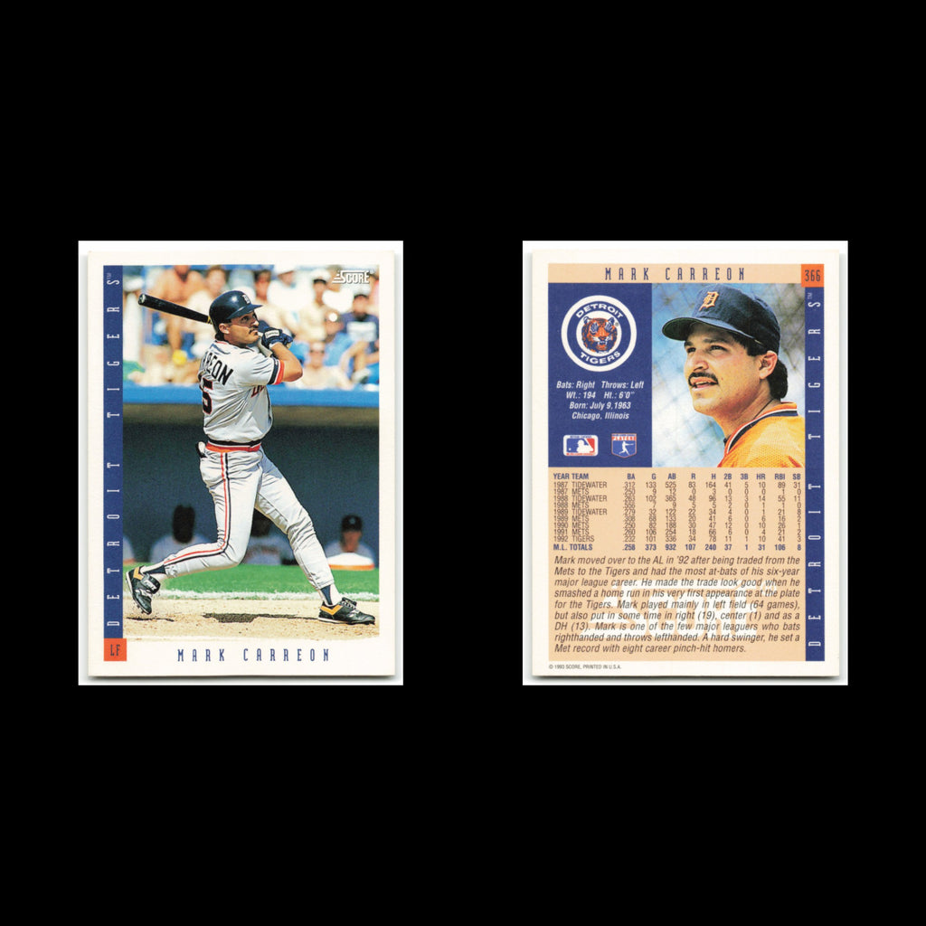 Mark Carreon #366 1993 Score Detroit Tigers Baseball Card MLB NM