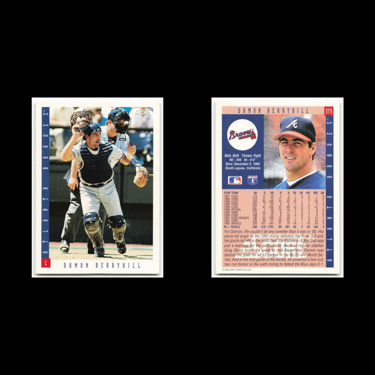 Damon Berryhill #373 1993 Score Atlanta Braves Baseball Card MLB NM