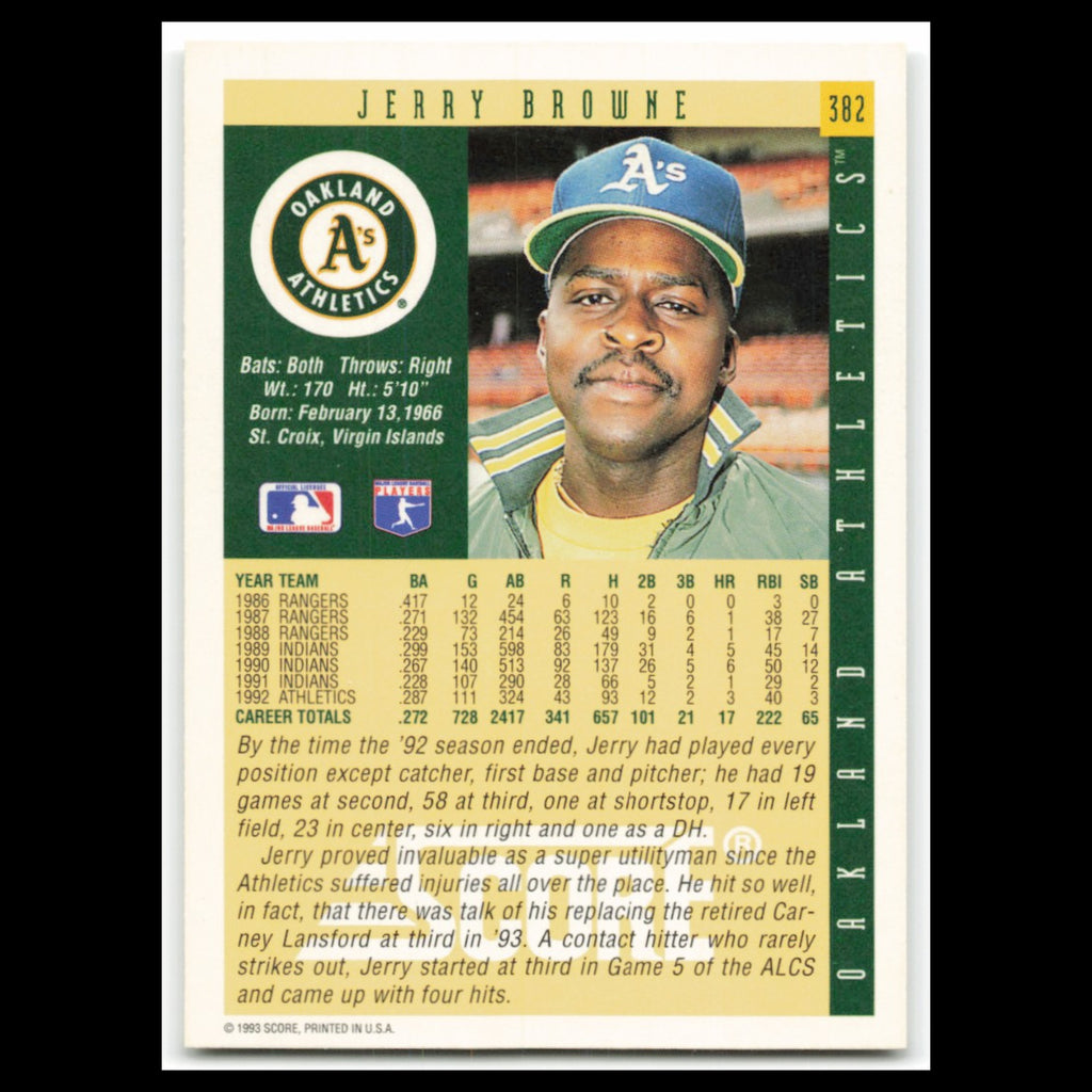Jerry Browne #382 1993 Score Oakland Athletics Baseball Card MLB NM