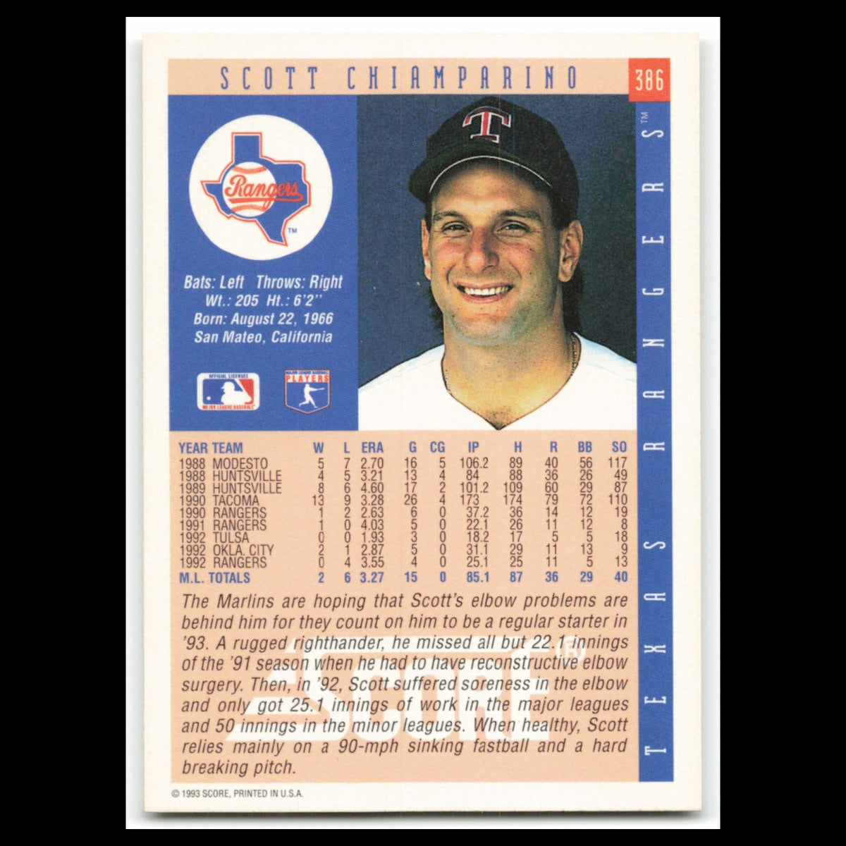 Scott Chiamparino #386 1993 Score Texas Rangers Baseball Card MLB NM