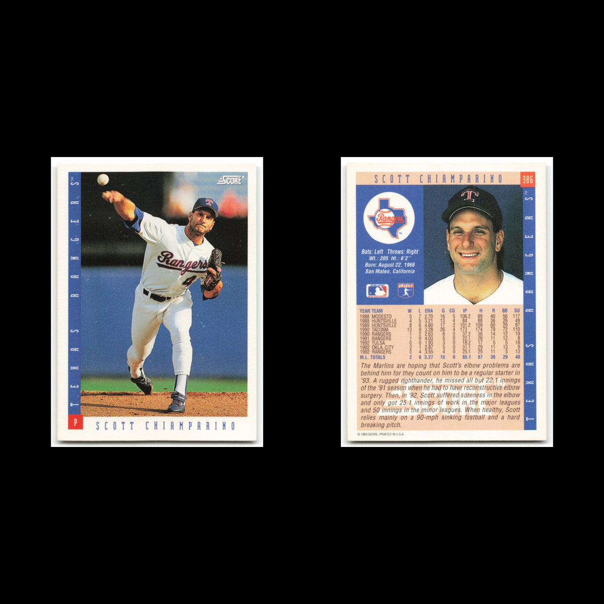 Scott Chiamparino #386 1993 Score Texas Rangers Baseball Card MLB NM