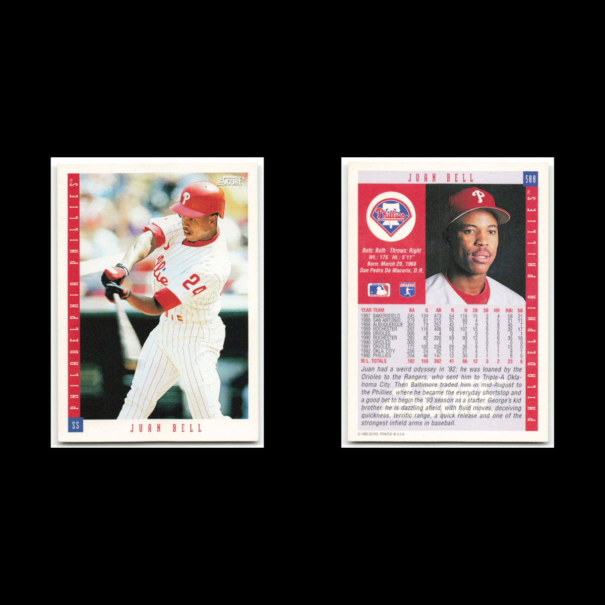 Juan Bell #588 1993 Score Philadelphia Phillies Baseball Card MLB NM
