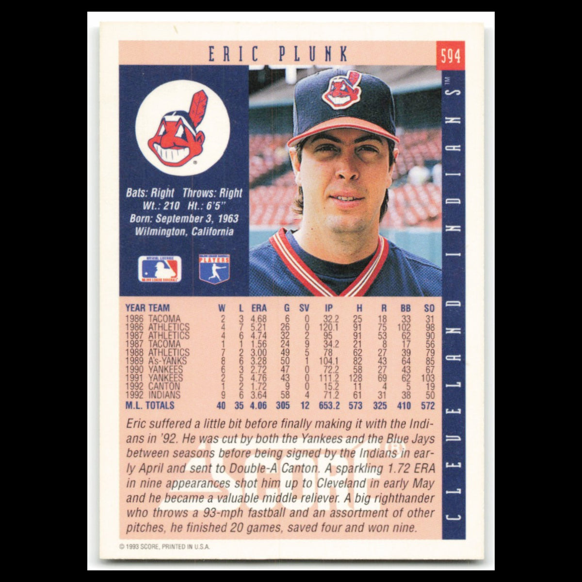 Eric Plunk #594 1993 Score Cleveland Indians Baseball Card MLB NM