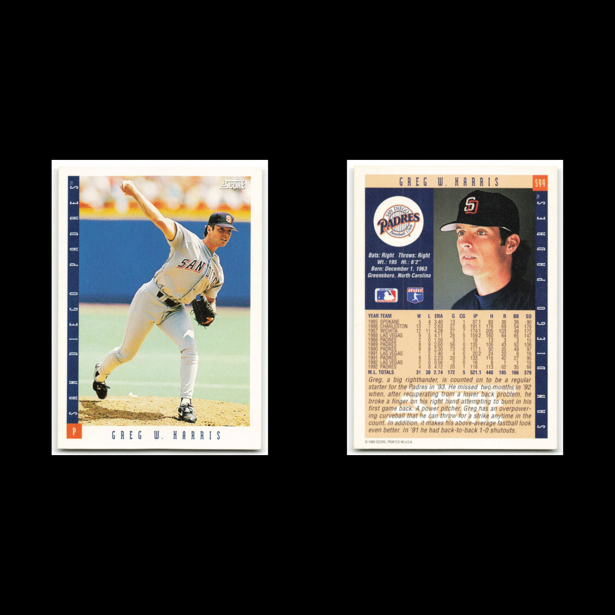 Greg W. Harris #599 1993 Score San Diego Padres Baseball Card MLB NM