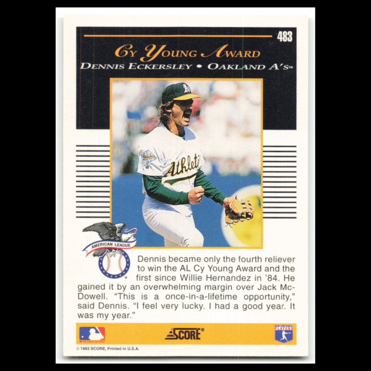 Dennis Eckersley #483 1993 Score Oakland Athletics Baseball Card MLB NM