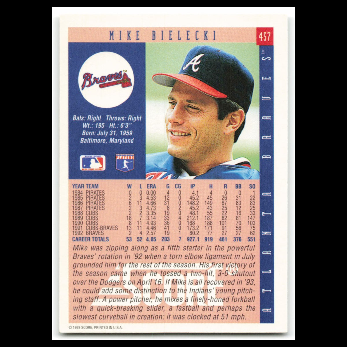 Mike Bielecki #457 1993 Score Atlanta Braves Baseball Card MLB NM