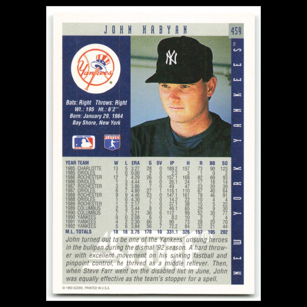 John Habyan #459 1993 Score New York Yankees Baseball Card MLB NM