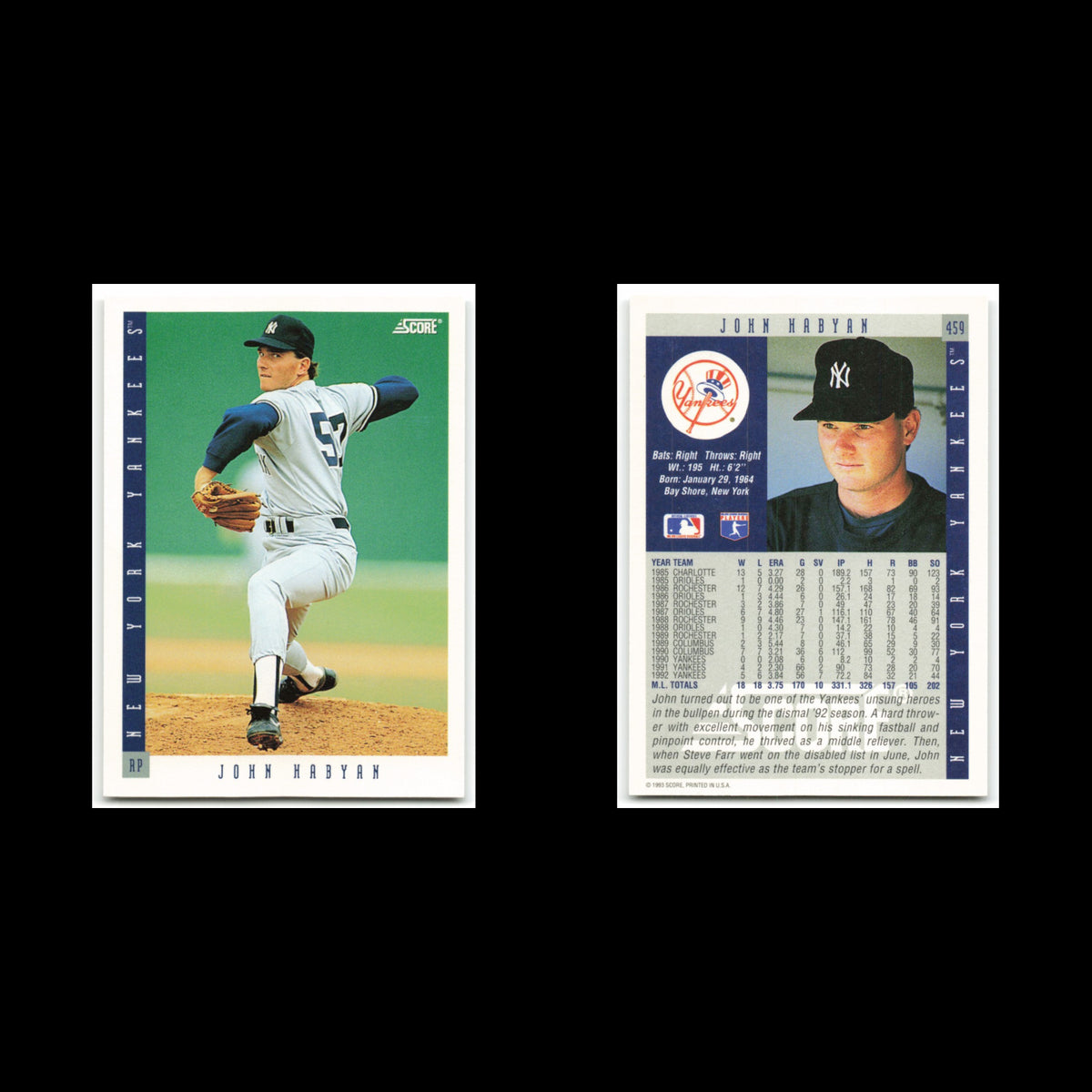 John Habyan #459 1993 Score New York Yankees Baseball Card MLB NM