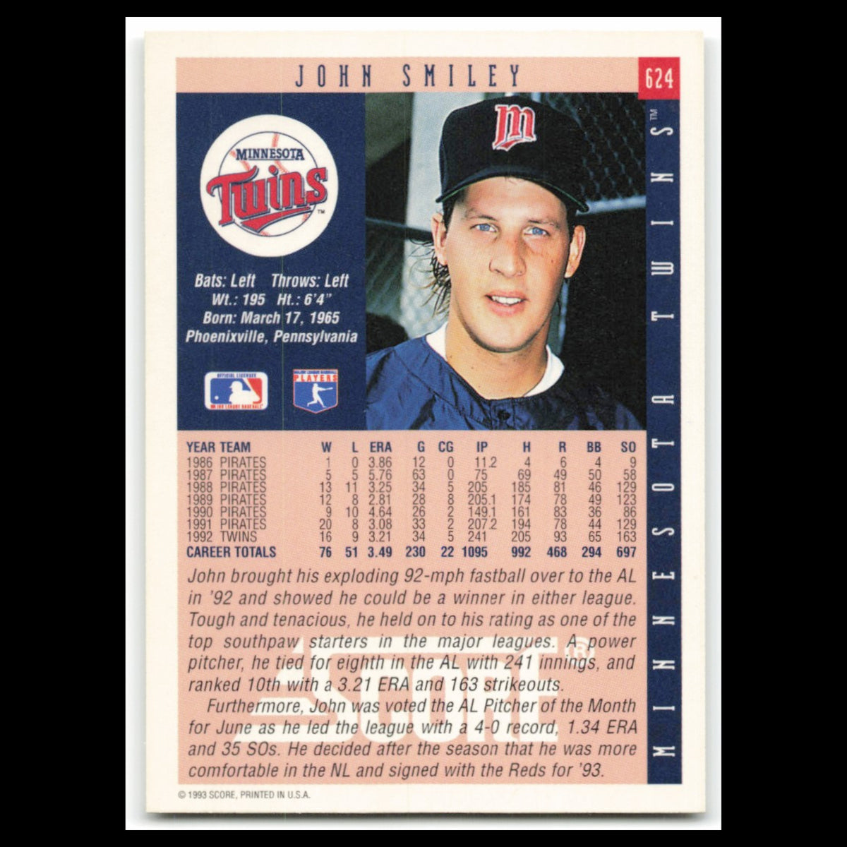 John Smiley #624 1993 Score Minnesota Twins Baseball Card MLB NM