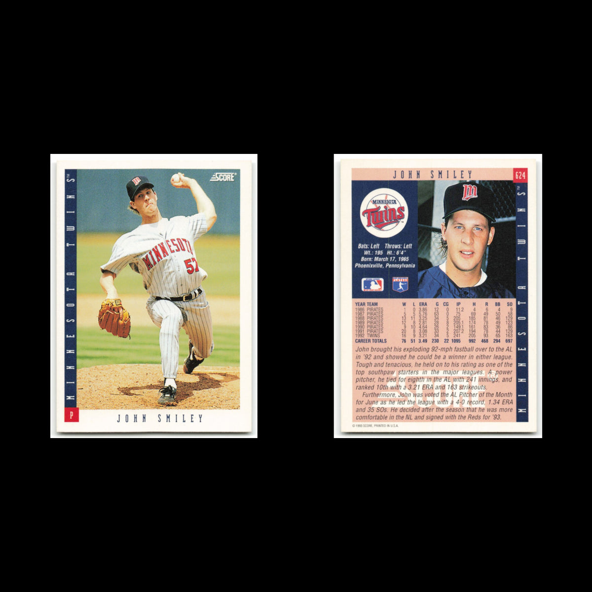 John Smiley #624 1993 Score Minnesota Twins Baseball Card MLB NM