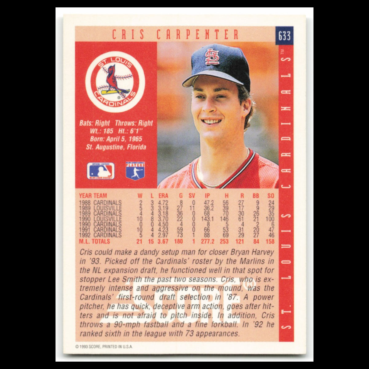 Cris Carpenter #633 1993 Score St. Louis Cardinals Baseball Card MLB NM