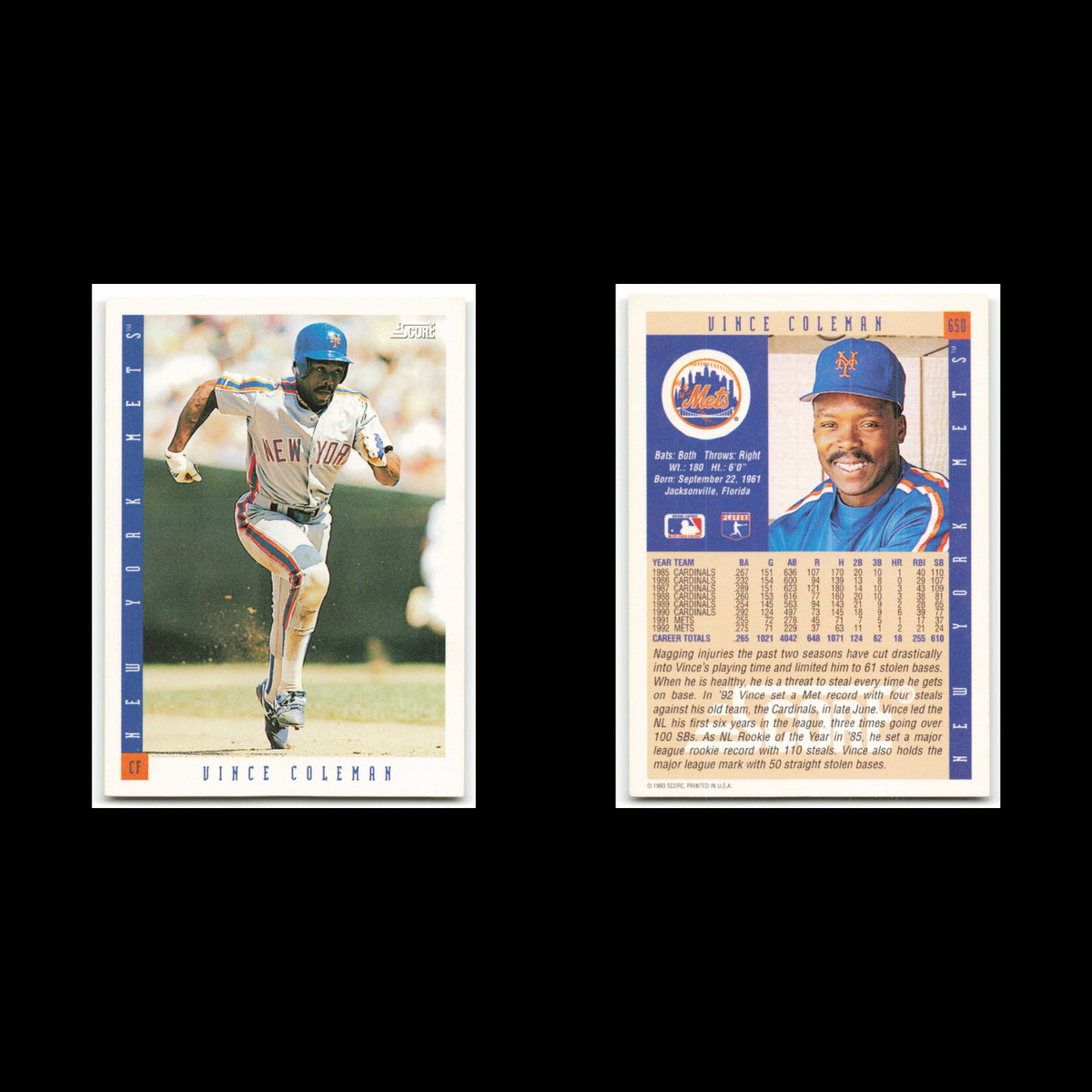 Vince Coleman #650 1993 Score New York Mets Baseball Card MLB NM
