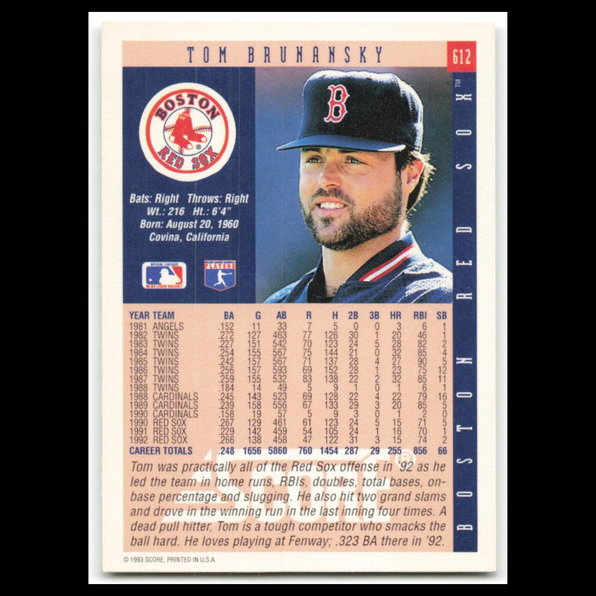 Tom Brunansky #612 1993 Score Boston Red Sox Baseball Card MLB NM