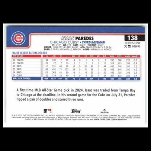 Isaac Paredes #138 2025 Topps Chicago Cubs Baseball Card MLB NM