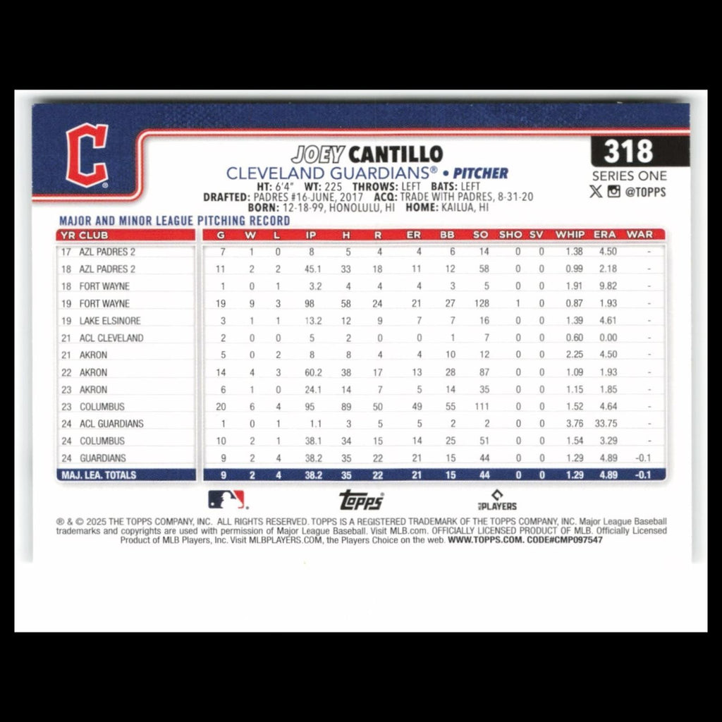 Joey Cantillo Rookie #318 2025 Topps Cleveland Guardians Baseball Card MLB NM
