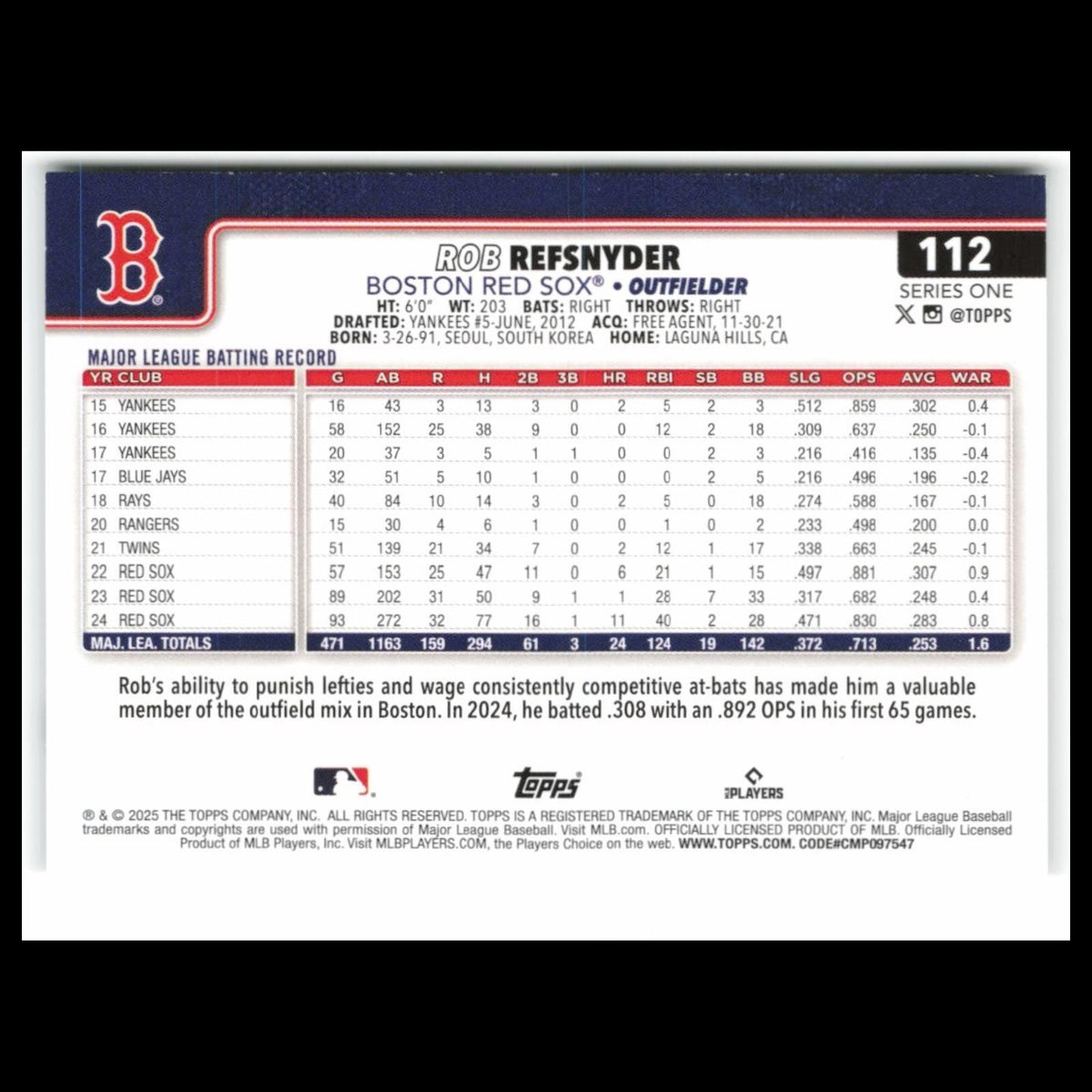 Rob Refsnyder #112 2025 Topps Boston Red Sox Baseball Card MLB NM