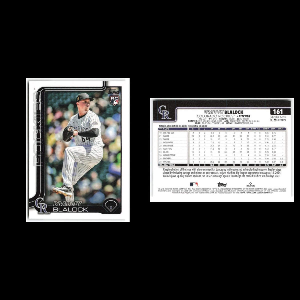 Bradley Blalock Rookie #161 2025 Topps Colorado Rockies Baseball Card MLB NM