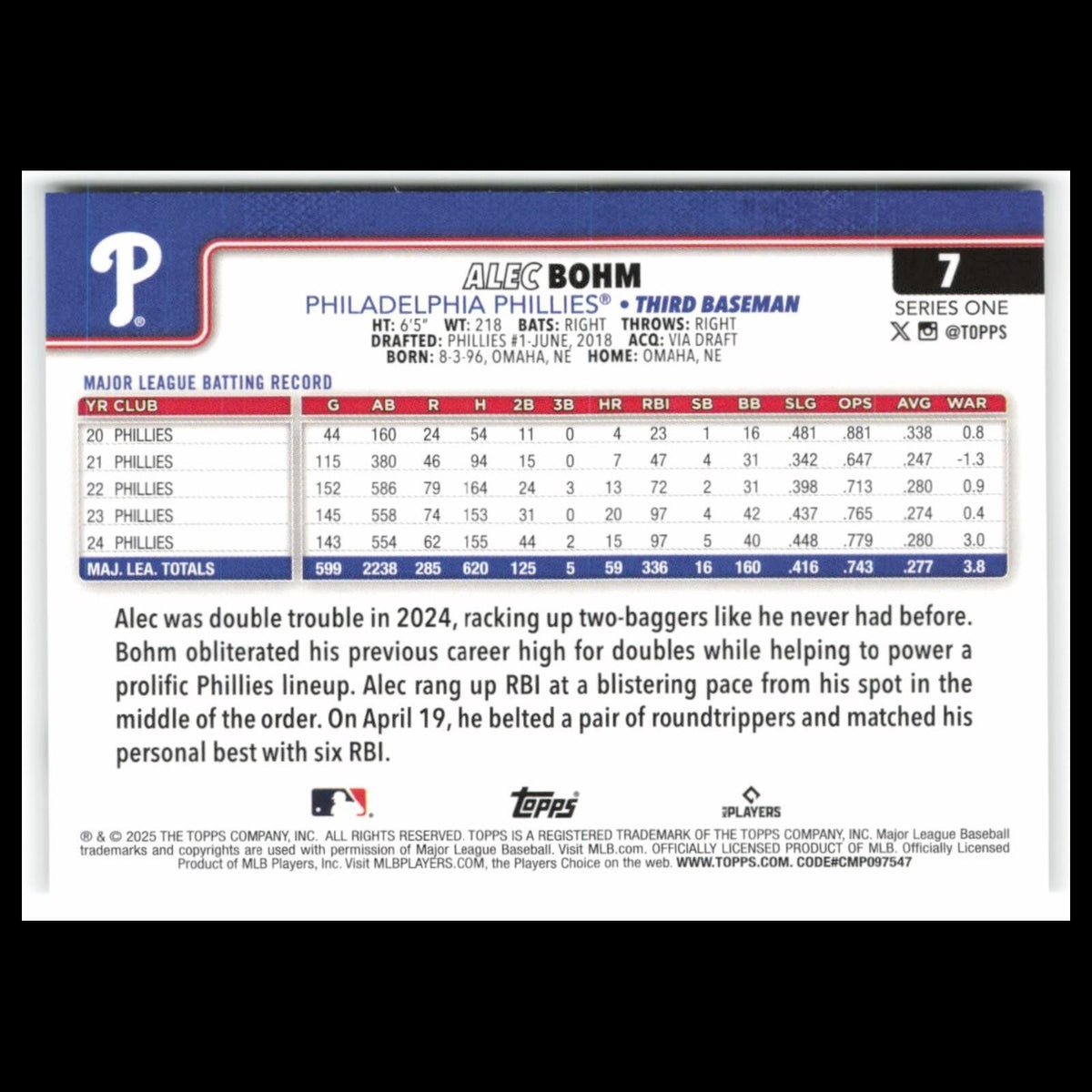 Alec Bohm #7 2025 Topps Philadelphia Phillies Baseball Card MLB NM