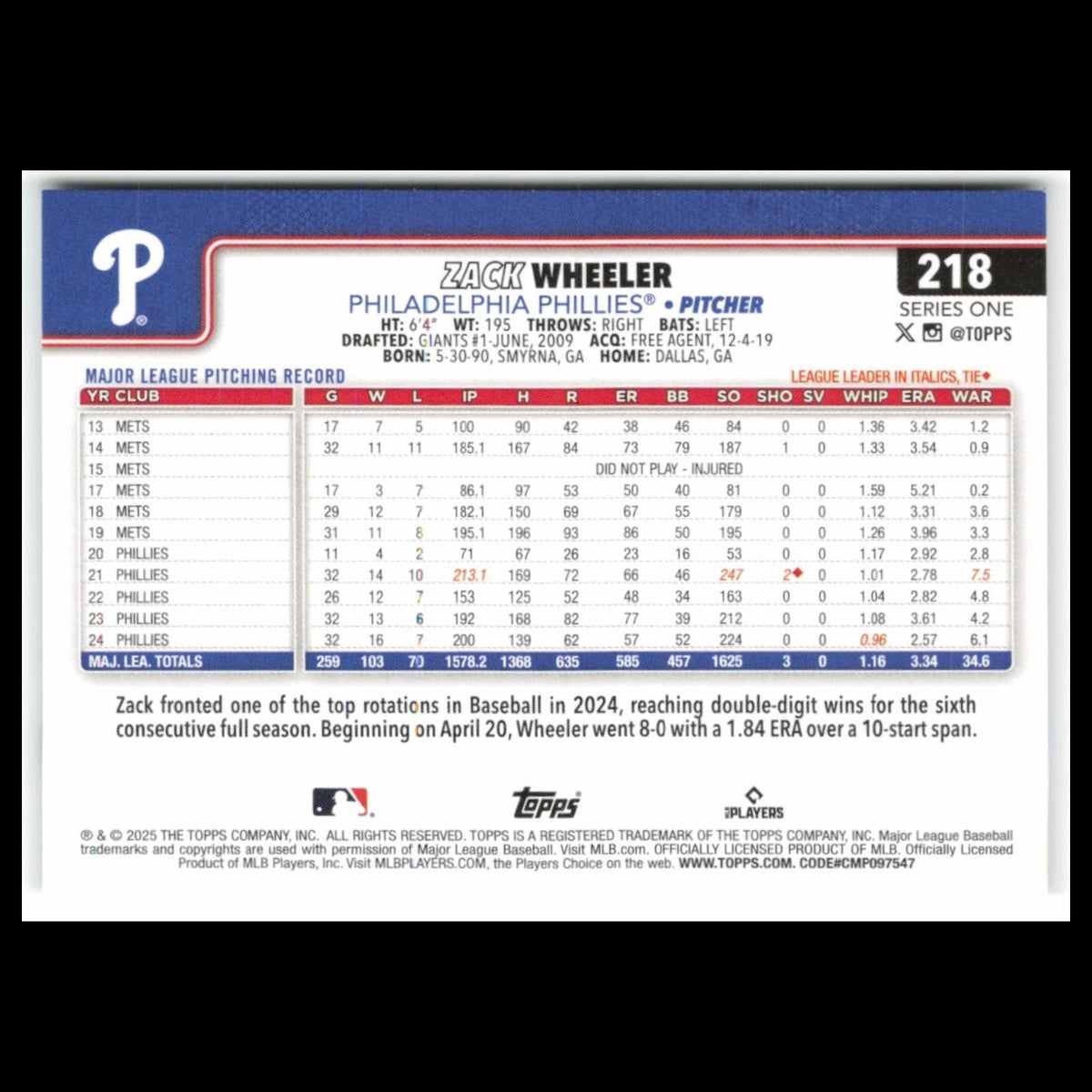 Zack Wheeler #218 2025 Topps Philadelphia Phillies Baseball Card MLB NM