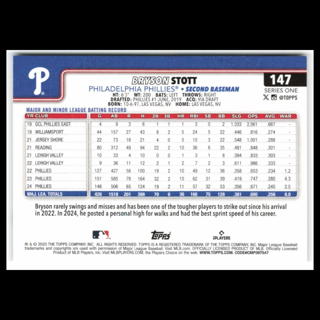 Bryson Stott #147 2025 Topps Philadelphia Phillies Baseball Card MLB NM