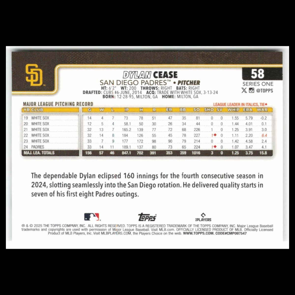 Dylan Cease #58 2025 Topps San Diego Padres Baseball Card MLB NM