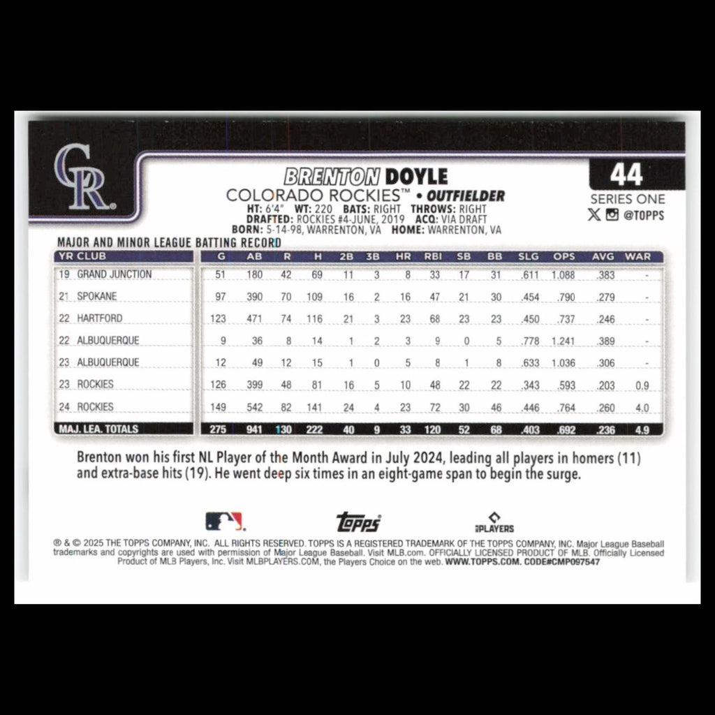 Brenton Doyle #44 2025 Topps Colorado Rockies Baseball Card MLB NM