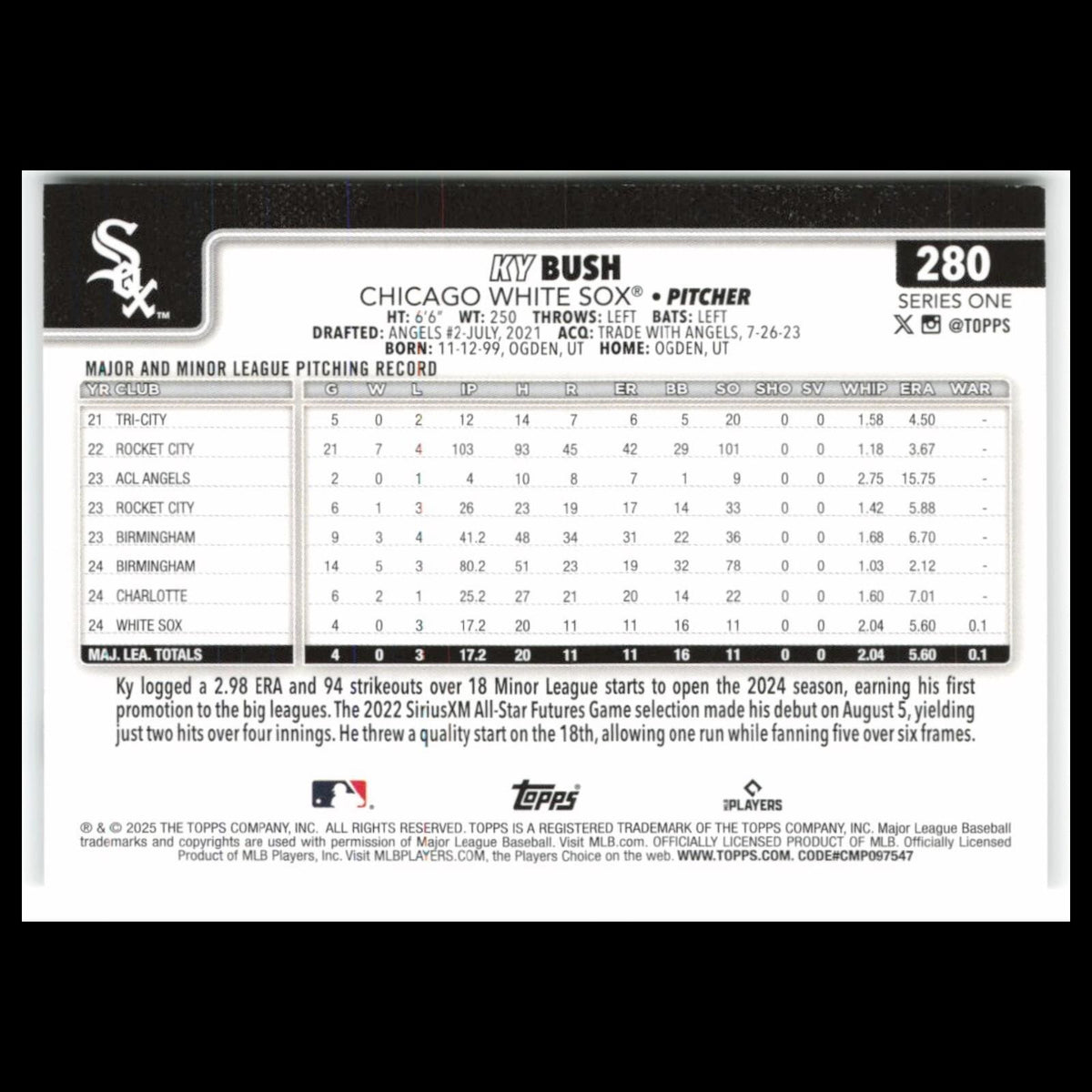 Ky Bush Rookie #280 2025 Topps Chicago White Sox Baseball Card MLB NM
